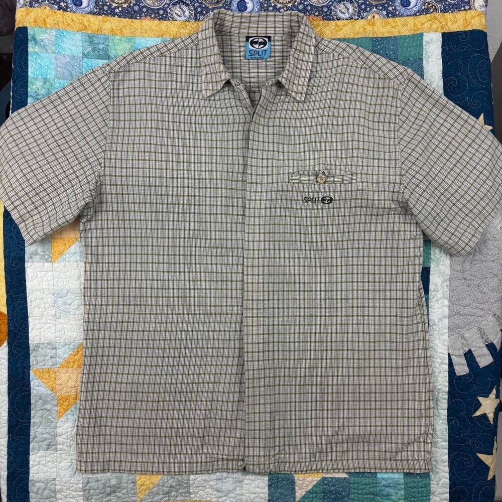 Vintage SPLIT 100 Green and White Striped Plaid Gingham Casual Button Down Shirt